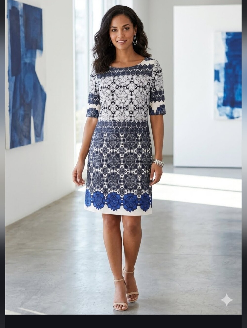 Eliza J Navy White Mosaic Tile Midi Sheath Dress Size 14 Coastal Mediterranean